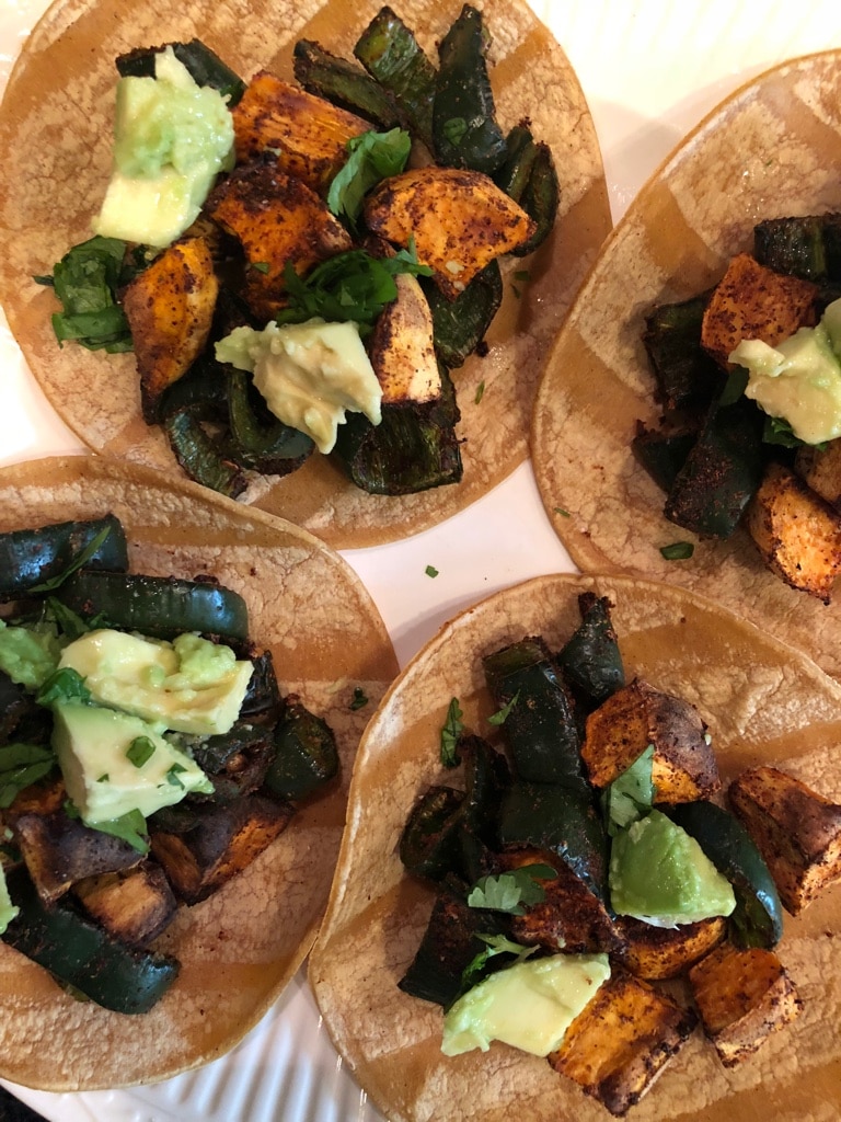 Roasted Poblano Peppers and Sweet Potatoes Tostadas